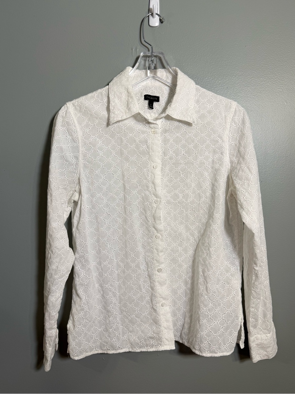 Talbots White Cotton Eyelet Button Down Shirt Blouse Long Sleeve SM Cottagecore